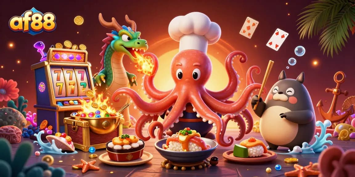 Experience thrilling gaming at af88 with vibrant characters enjoying casino elements like slots and treasure chests.