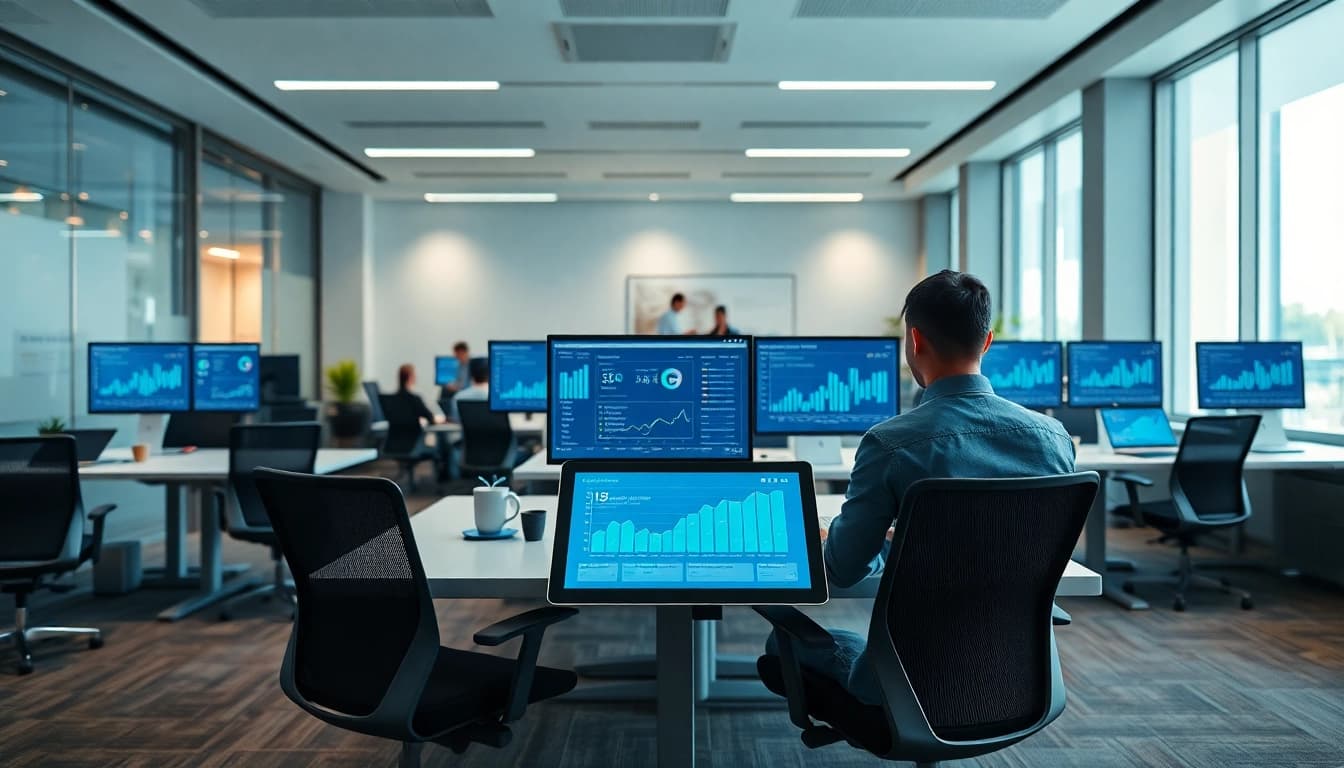 Innovative workspace with digital devices and analytics dashboards focused on ia +18 technology.