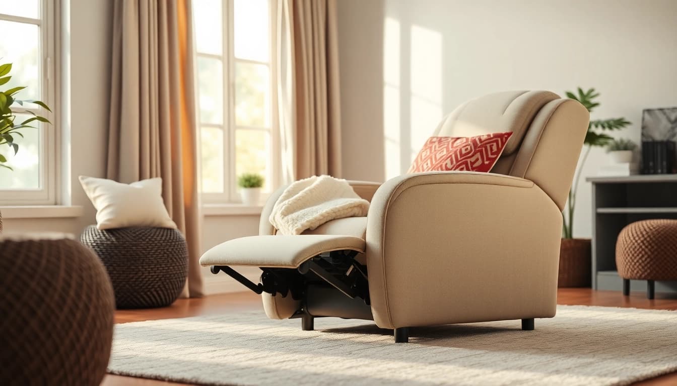 Experience comfort with a recliner chair with massage and heat, elegantly styled in a welcoming living space.