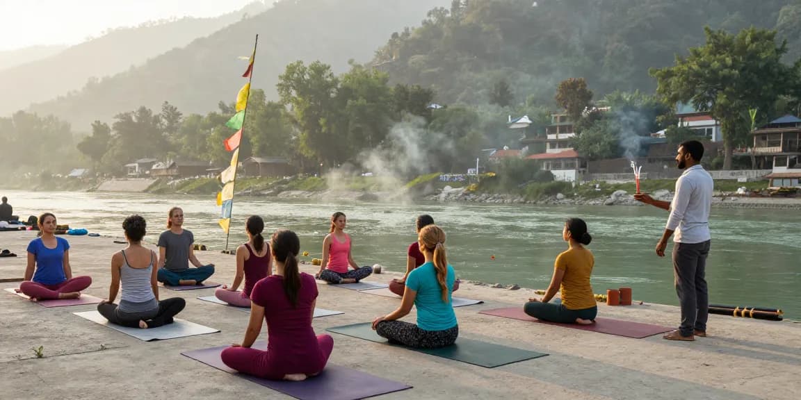 Yoga instructor certification Rishikesh India during sunrise practice by Ganga River.