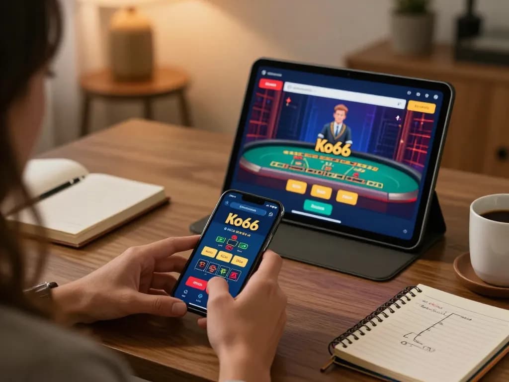 Person enjoying online blackjack at Ko66 app, demonstrating strategic gameplay in a cozy home setting.