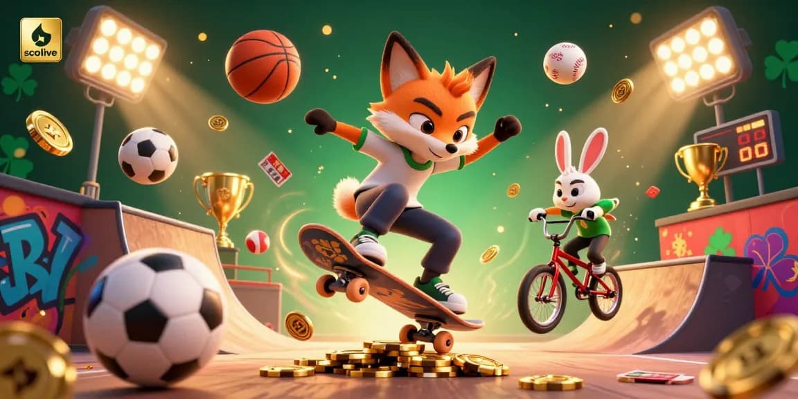 Socolive showcases a 3D fox skateboarder kicking over golden poker chips while a rabbit performs BMX tricks, set against lively casino graffiti.