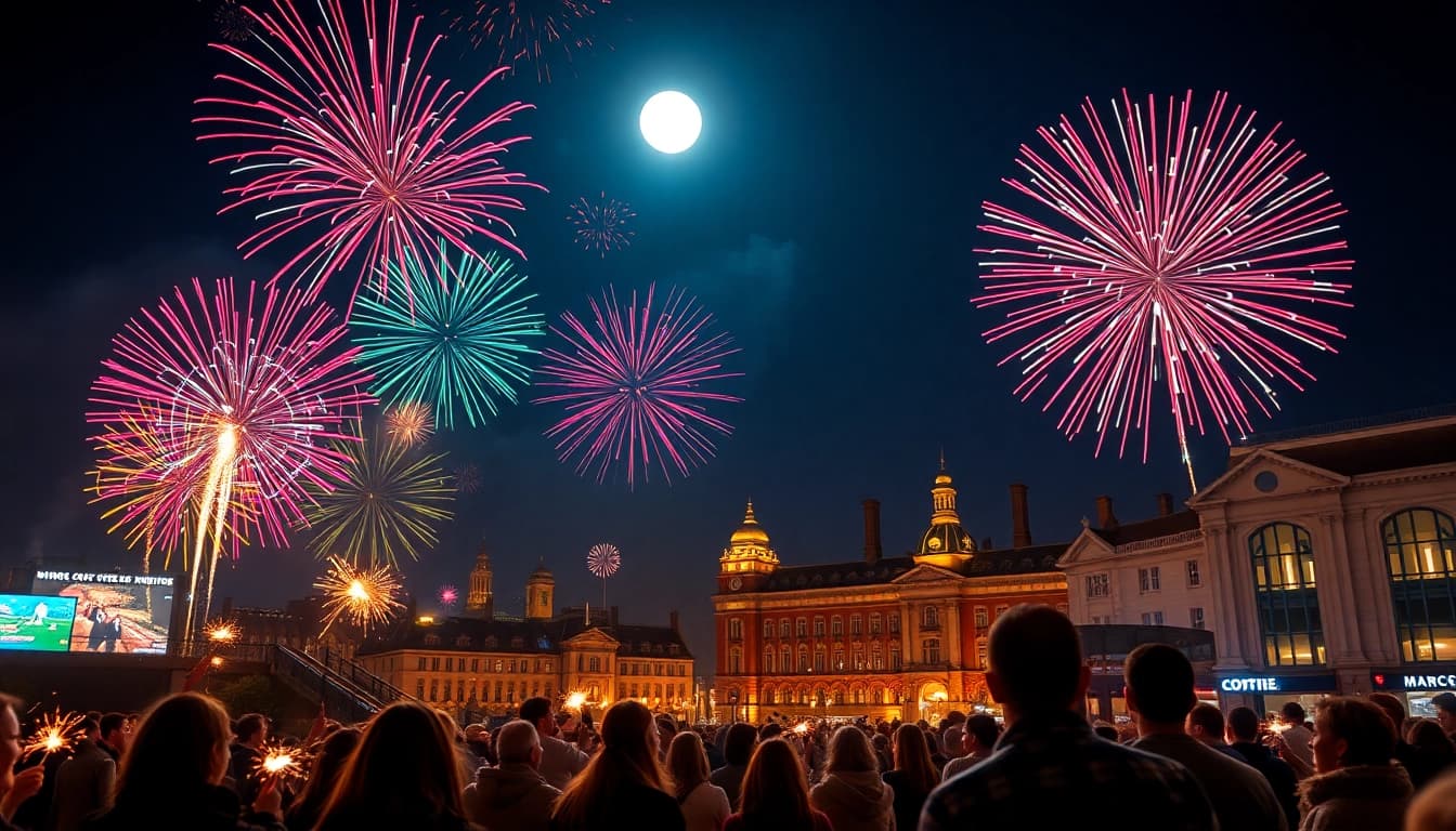 Buy fireworks Manchester displayed with vibrant bursts lighting up the night sky over the city.
