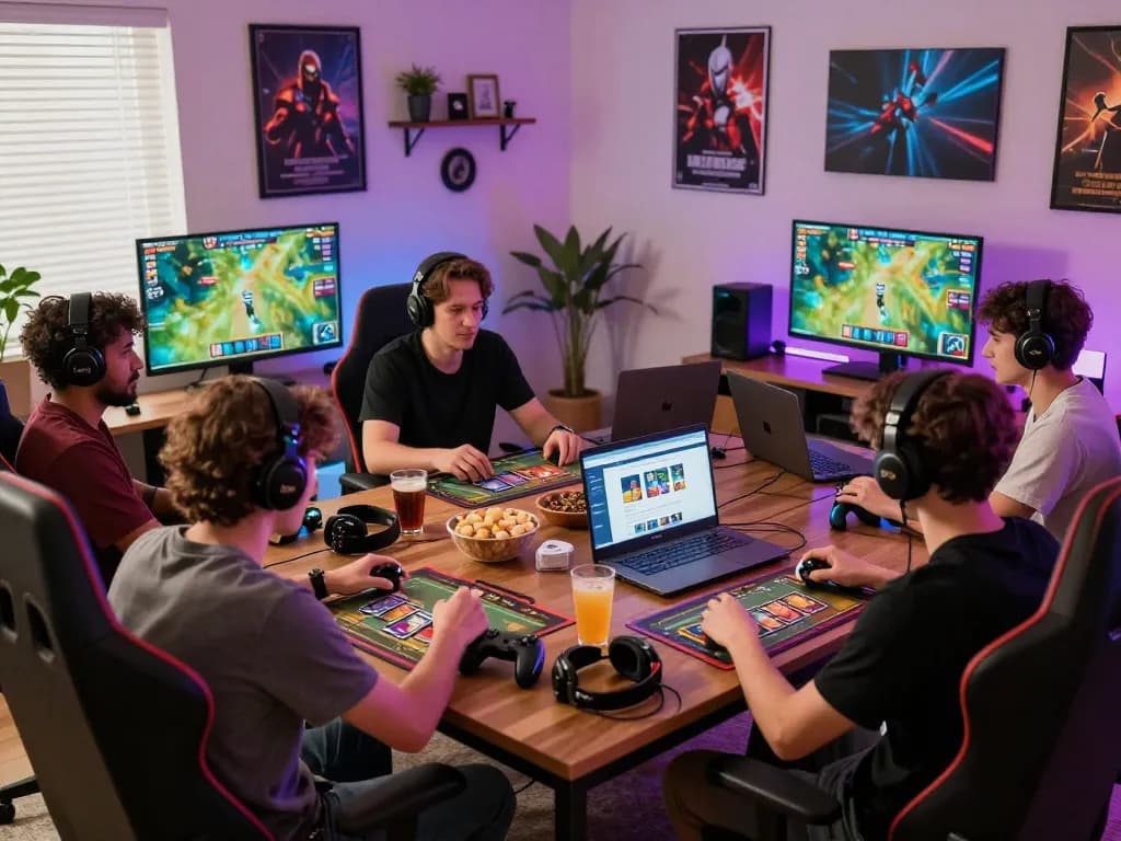 Players enjoying a thrilling max79 online gaming experience in a cozy living room setting with vibrant RGB lights and snacks.