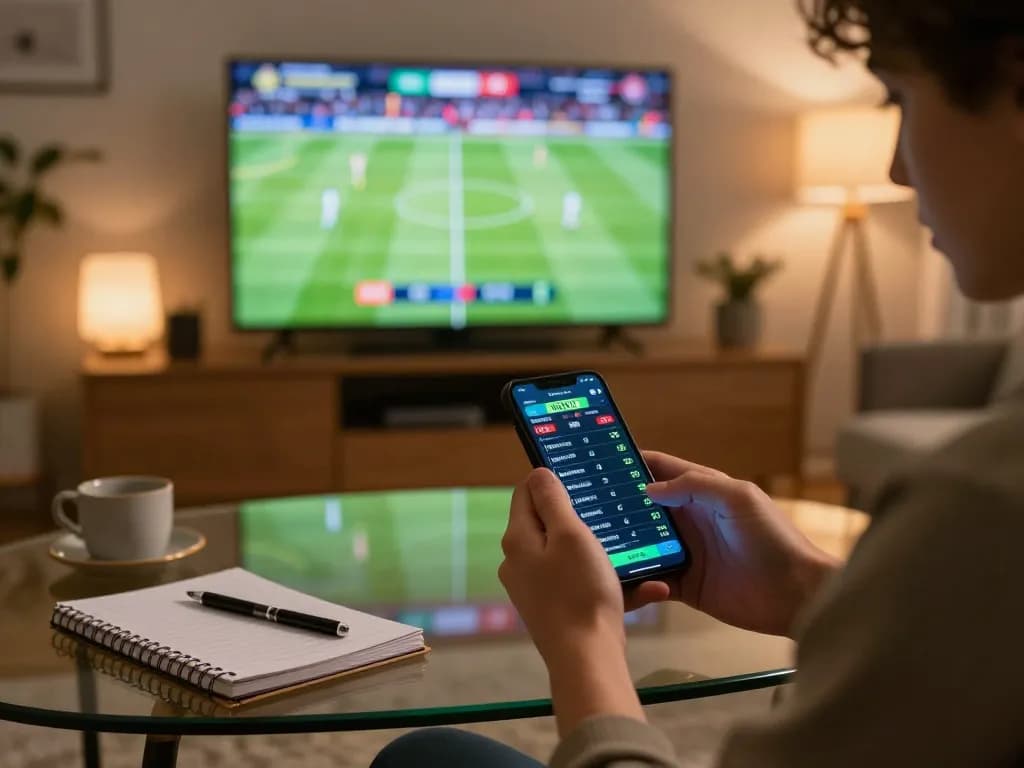 A person engaging in sports betting while checking ty le keo nha cai using a smartphone in a cozy living space.