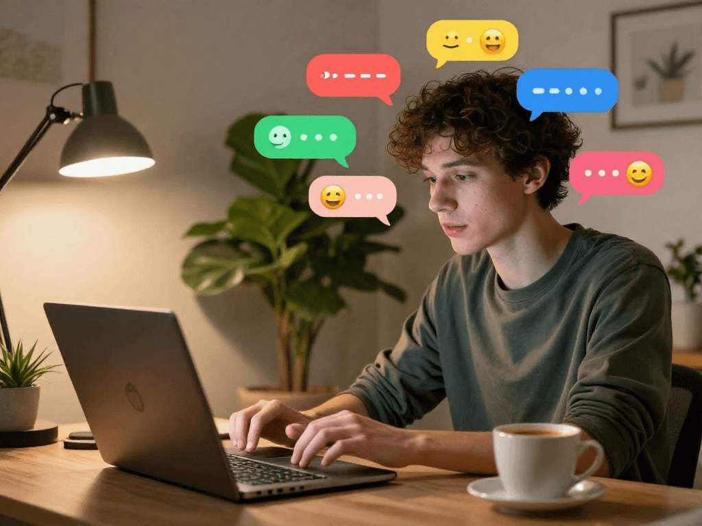 Engaging spicychat conversation in a cozy home office with vibrant emojis and warm lighting.