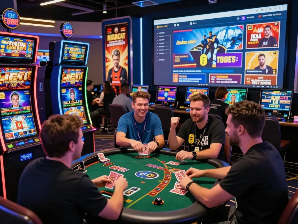 Players enjoying a lively online gaming experience with EE88, featuring a vibrant casino atmosphere.