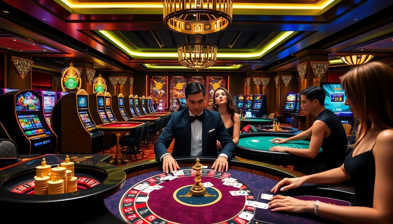 Players enjoy a thrilling game at ev88h.us.com with vibrant slots and poker tables.