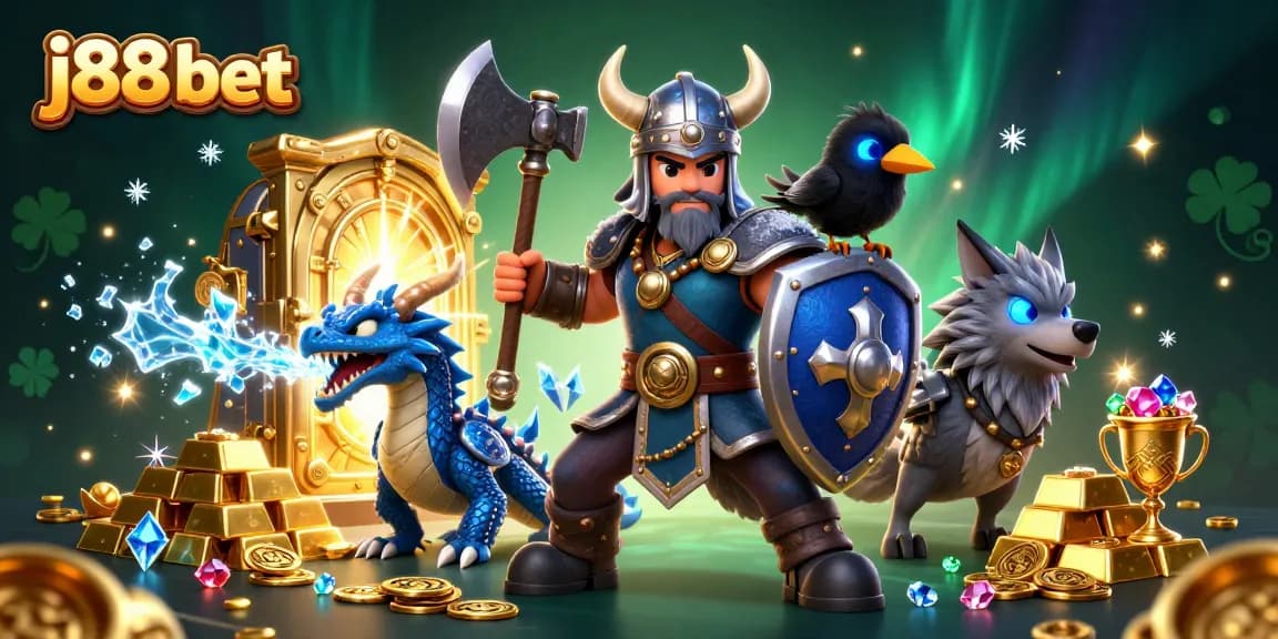 Engage in exciting gameplay with j88 bet in a vibrant casino scene featuring a Viking warrior, dragon, and shimmering treasures.