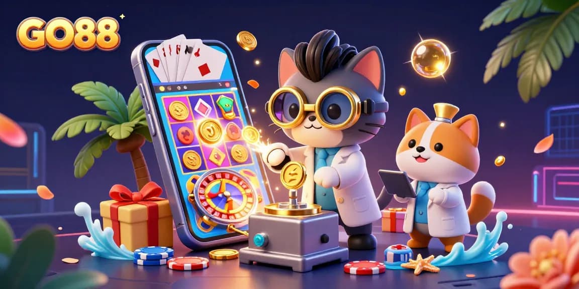 Experience thrilling gaming with GO88, featuring a vibrant scene of a mad scientist cat and dog amidst casino elements.
