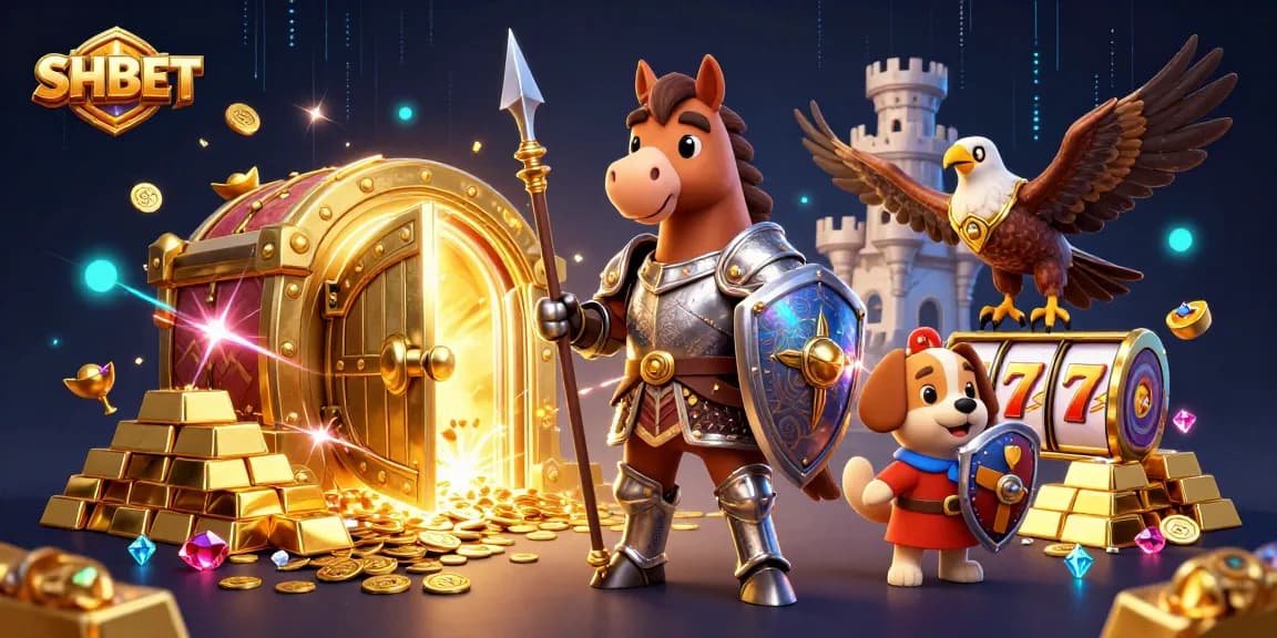 Engage with SHBET through this immersive 3D illustration of a knight and puppy amidst treasures, enhancing your casino experience.