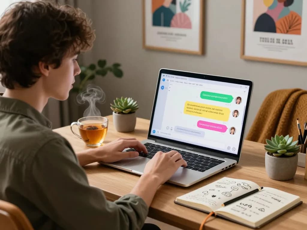 Engaging in NSFW AI chat on a laptop in a cozy home office with ambient lighting.