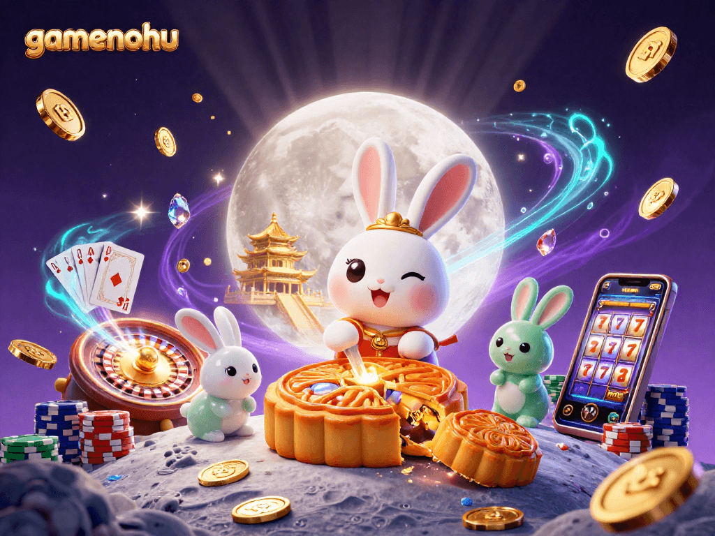 Spin the reels with gamenohu's vibrant 3D casino illustration featuring a moon rabbit and jackpot symbols.