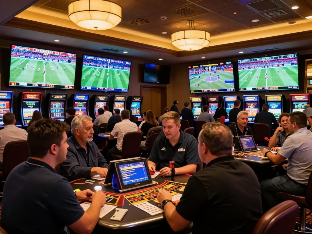 Engaged sports bettors in a casino using sc88 strategies on live events, capturing the vibrant atmosphere.