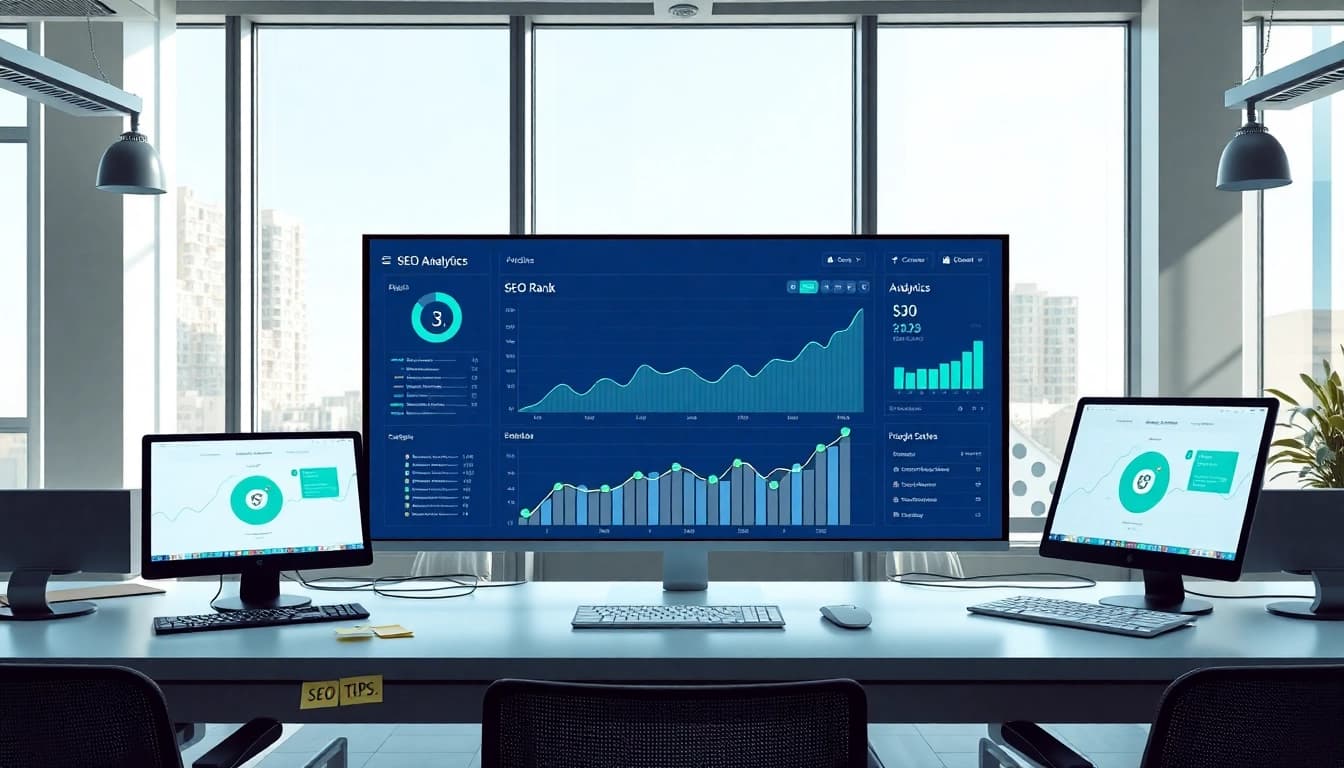 Analyze SEO Rank trends with a professional dashboard and bright office environment.