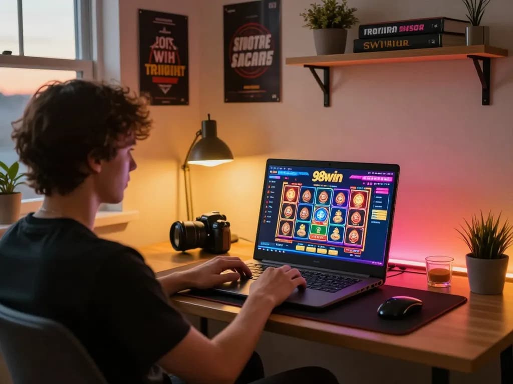 Engaging in online gambling on 98win with a cozy home setup and strategic gaming.