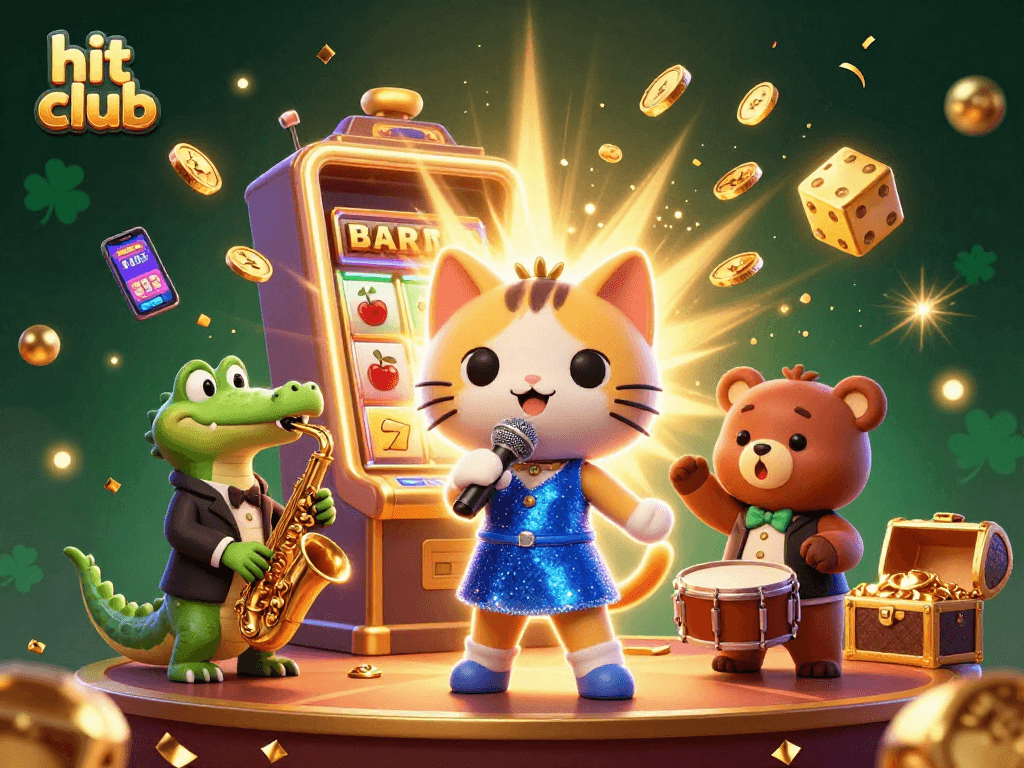Hit club offers a vibrant casino experience with a jazzy cat, crocodile, and bear in a lively scene.