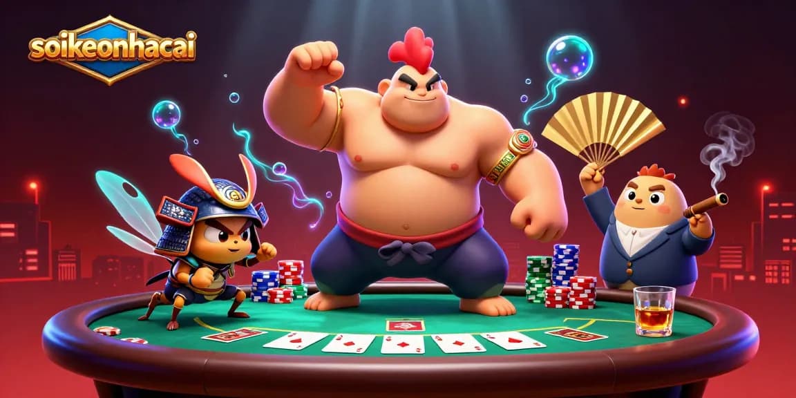 Engage in thrilling betting with soikeonhacai as a sumo rooster faces a samurai cricket in a vibrant casino scene.