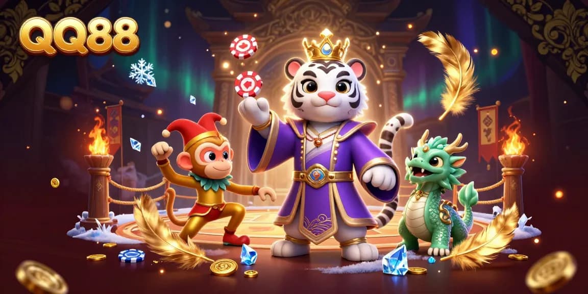 Experience thrilling gameplay with QQ88's vibrant characters in a luxurious casino scene.