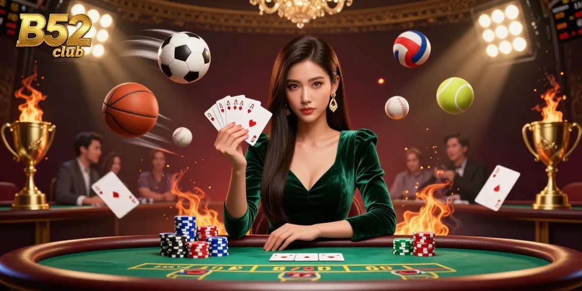 B52club showcases a vibrant casino scene with an elegant woman at a luxury poker table, illustrating thrilling gaming action.