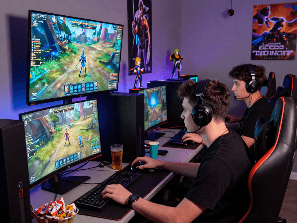 Engaged gamers exploring interactive porn games html in a vibrant gaming setup.