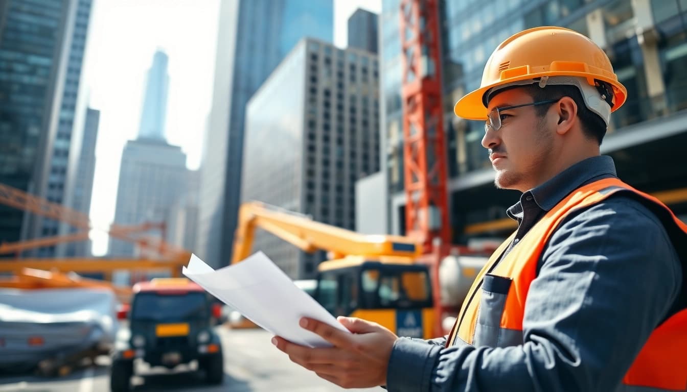 New York City General Contractor inspecting blueprints at a construction site in NYC.