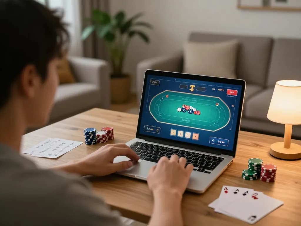 Player engages strategically on 789beta2 for poker, showcasing a cozy gaming setup with chips and notes.