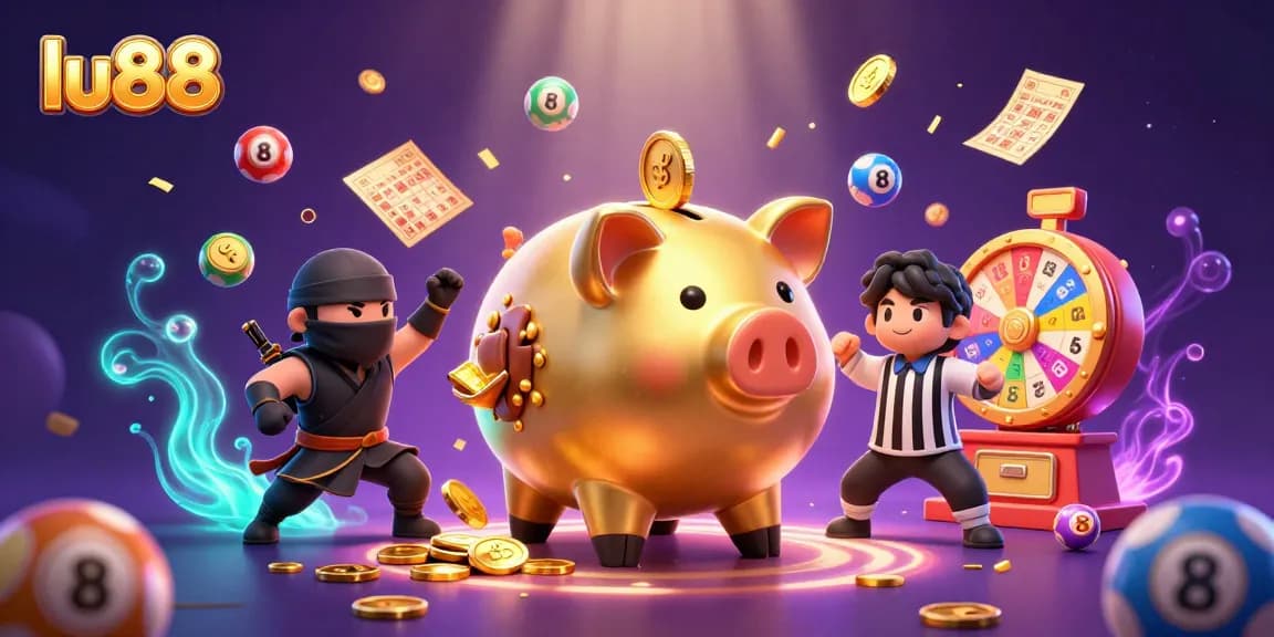 Join the excitement at lu88 with a dynamic scene featuring a golden piggy bank sumo wrestler amidst colorful lottery elements.