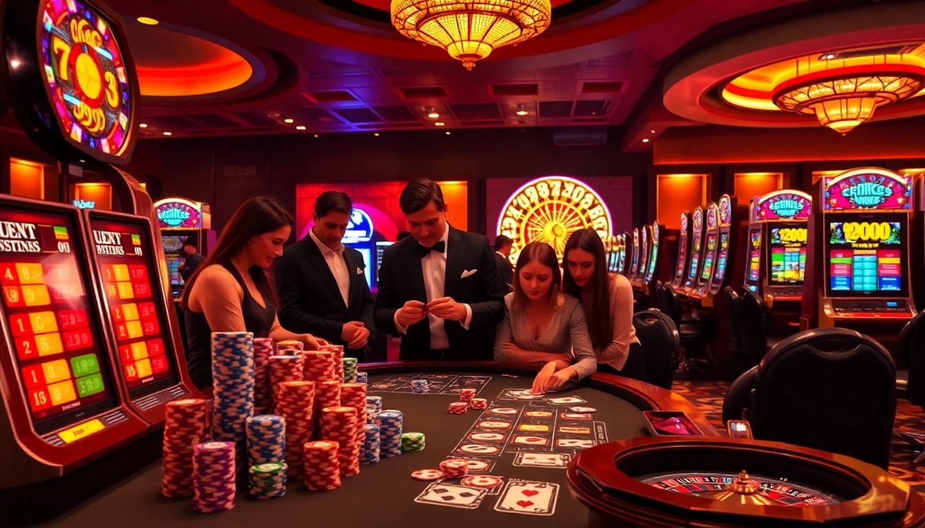 RR88 gaming table filled with excited players and vibrant slot machines.