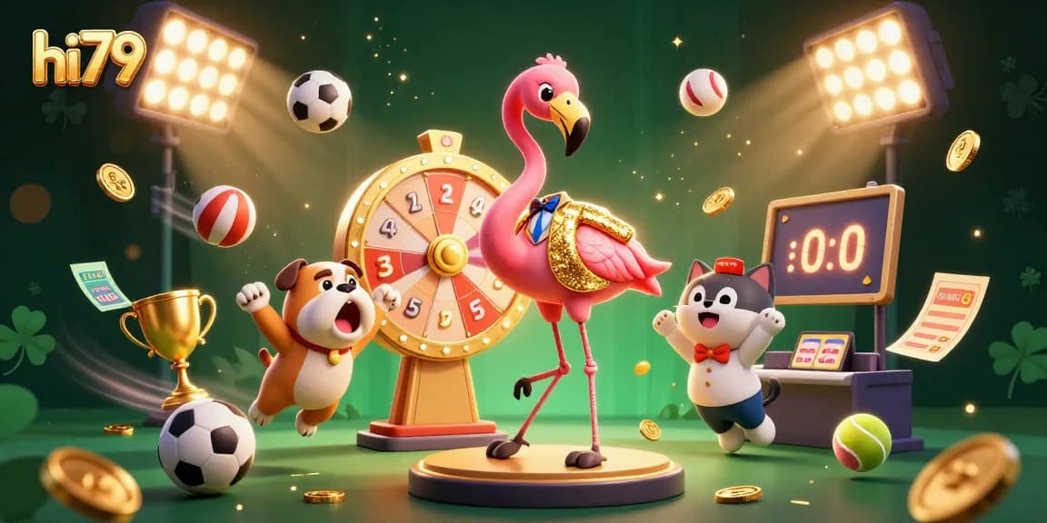 Exciting game show scene showcasing hi79 with a flamingo host, bulldog contestant, and vivid sports betting elements.