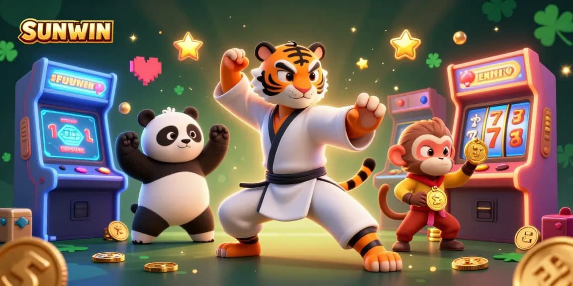 SUNWIN offers exhilarating casino fun with a kung fu tiger master, panda, and monkey among vibrant slot machines.