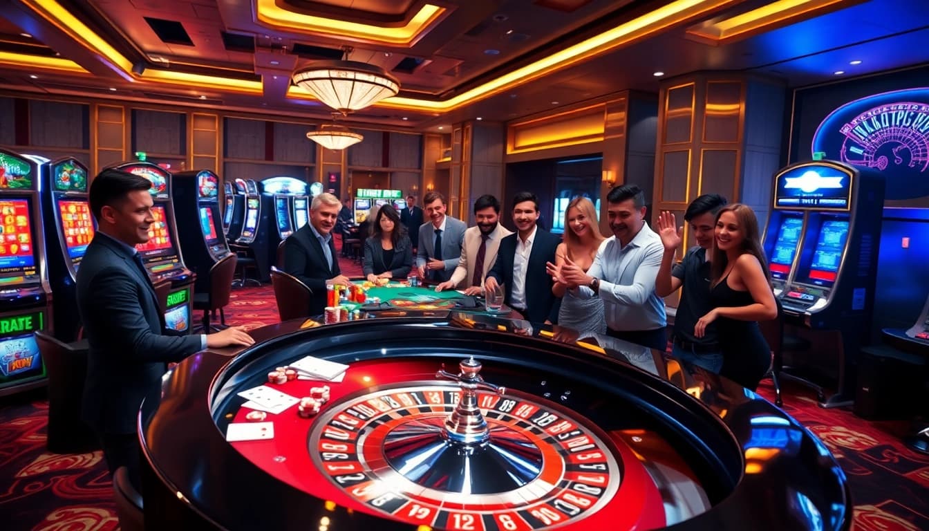 B8-themed roulette and poker table in a luxurious casino filled with vibrant atmosphere and excited players.