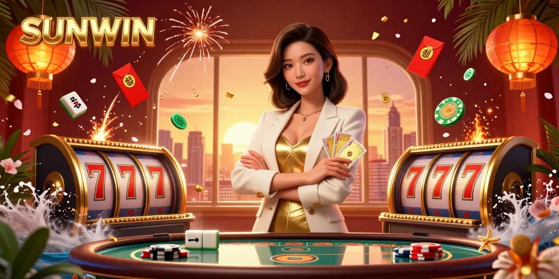 SUNWIN showcases a glamorous Asian woman holding cards, surrounded by vibrant casino elements.