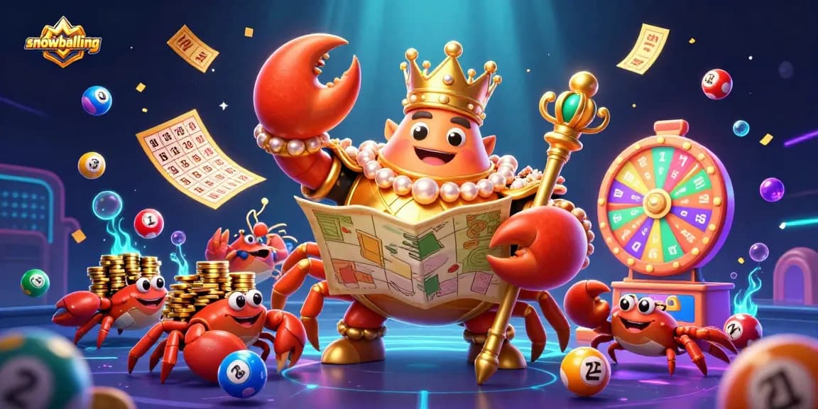 Engage in snowballing fun with a golden crab emperor leading the vibrant lottery game!