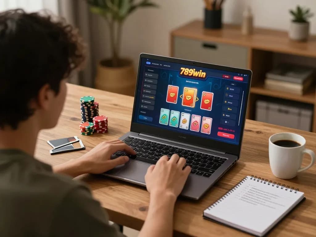 Player accessing 789win link on a laptop, engaging in online casino gaming at home