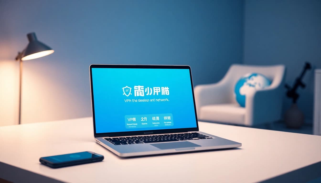 在现代工作空间中，时尚笔记本上显示的快连官网界面，旨在实现全球互联。
