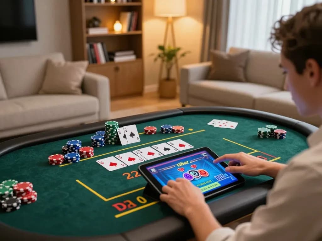Player enjoying game bài 22bet on a tablet in a stylish home setting.