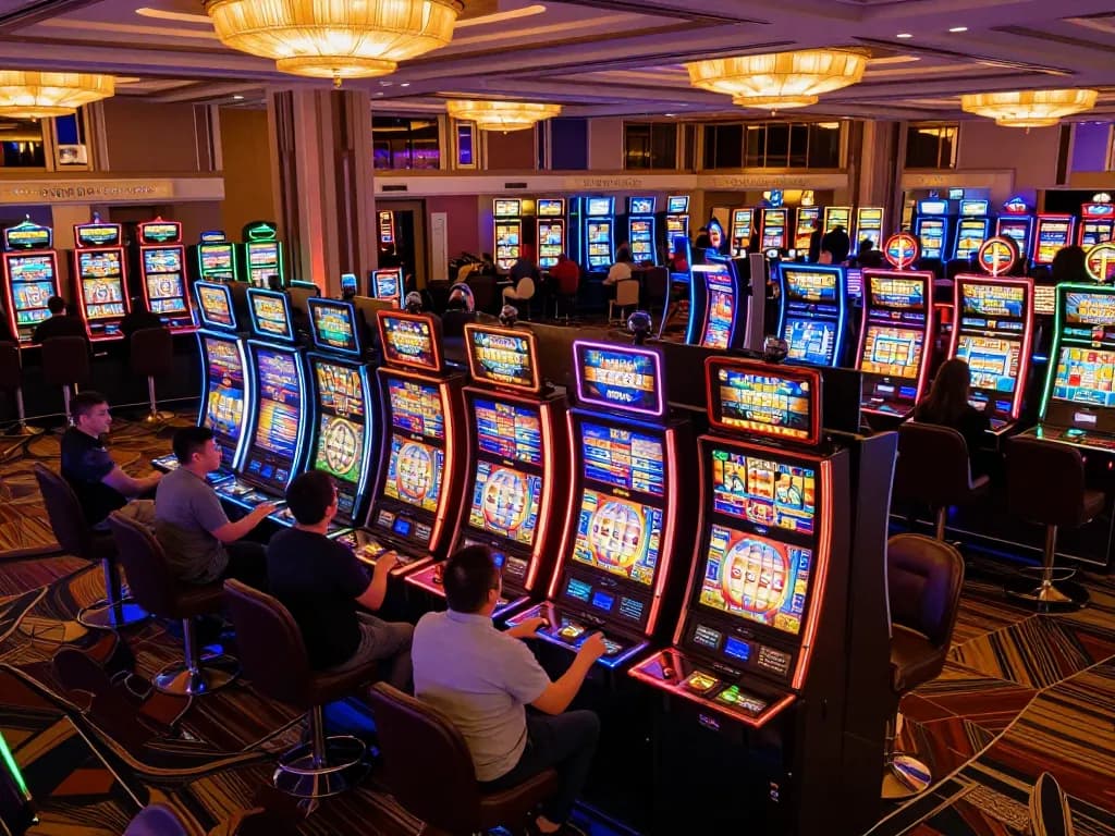 Players enjoying vibrant slot machines in luck8l casino, celebrating wins in exciting atmosphere