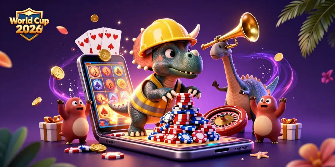 World Cup 2026 concept art with triceratops building poker chip pyramid in a dynamic casino scene.