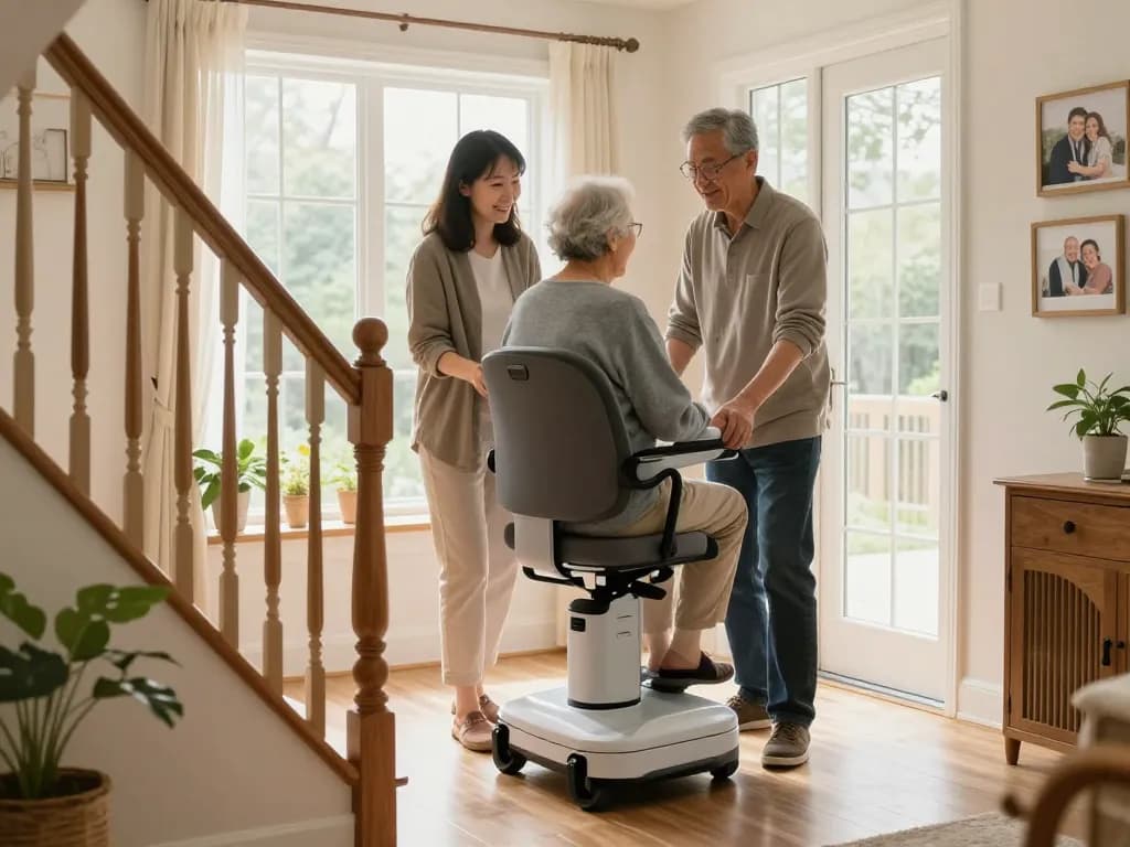 Senior citizen using a stairlift in a bright home setting for safe mobility.
