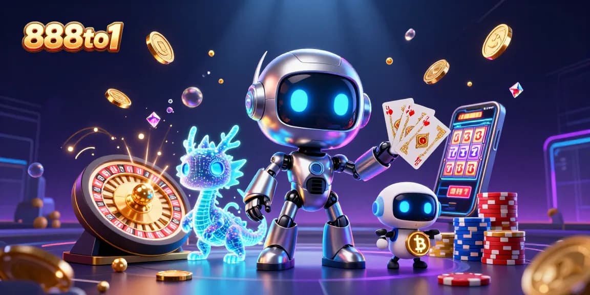 Experience vibrant gaming action with 888to1, showcasing a robotic mascot and dynamic casino elements.