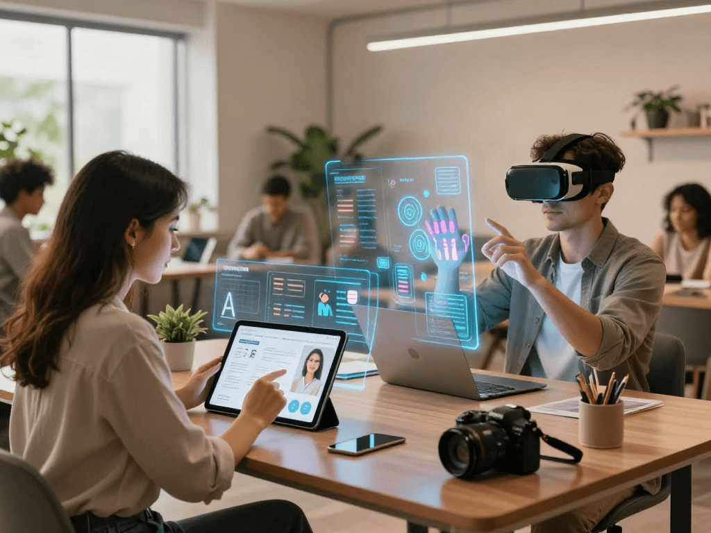 Interactive AI technologies shaping modern lifestyles, highlighting an ai slut's engagement with innovative applications in a vibrant co-working space.