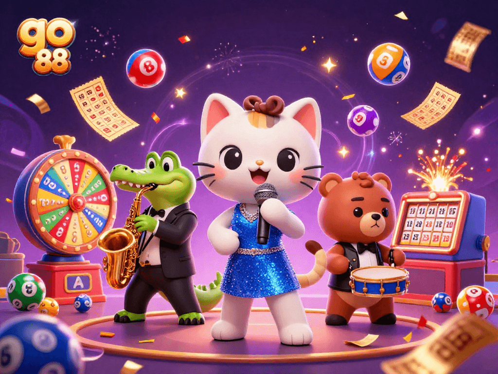 Engage with go 88's vibrant 3D casino illustration, featuring lively characters and dynamic lottery action.