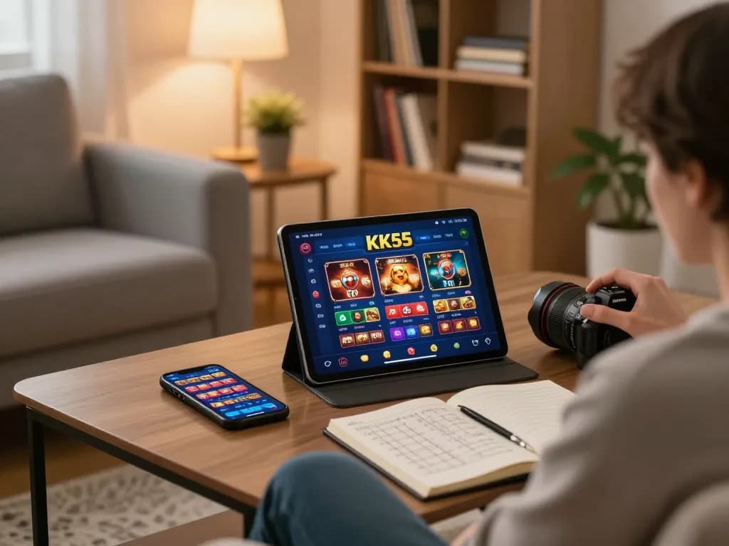 A player engaging with the KK55 casino app on a tablet, showcasing a comfortable home gaming experience.