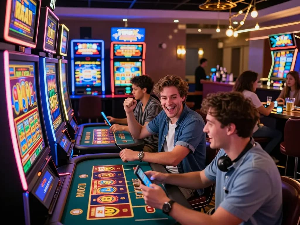 A lively online casino atmosphere with players enjoying games at zumospin.com, celebrating wins on slot machines and engaging on mobile devices, highlighting excitement and camaraderie in a modern set