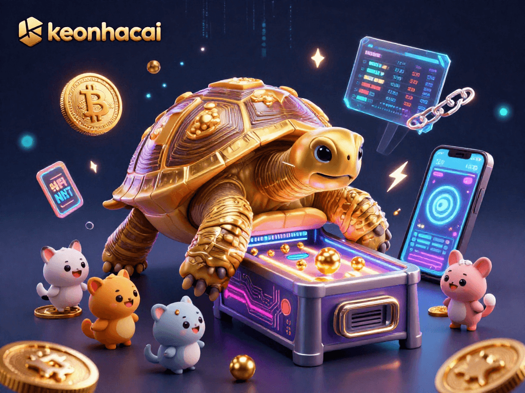 Experience keonhacai excitement with a cartoon tortoise pinball machine surrounded by vibrant crypto elements.