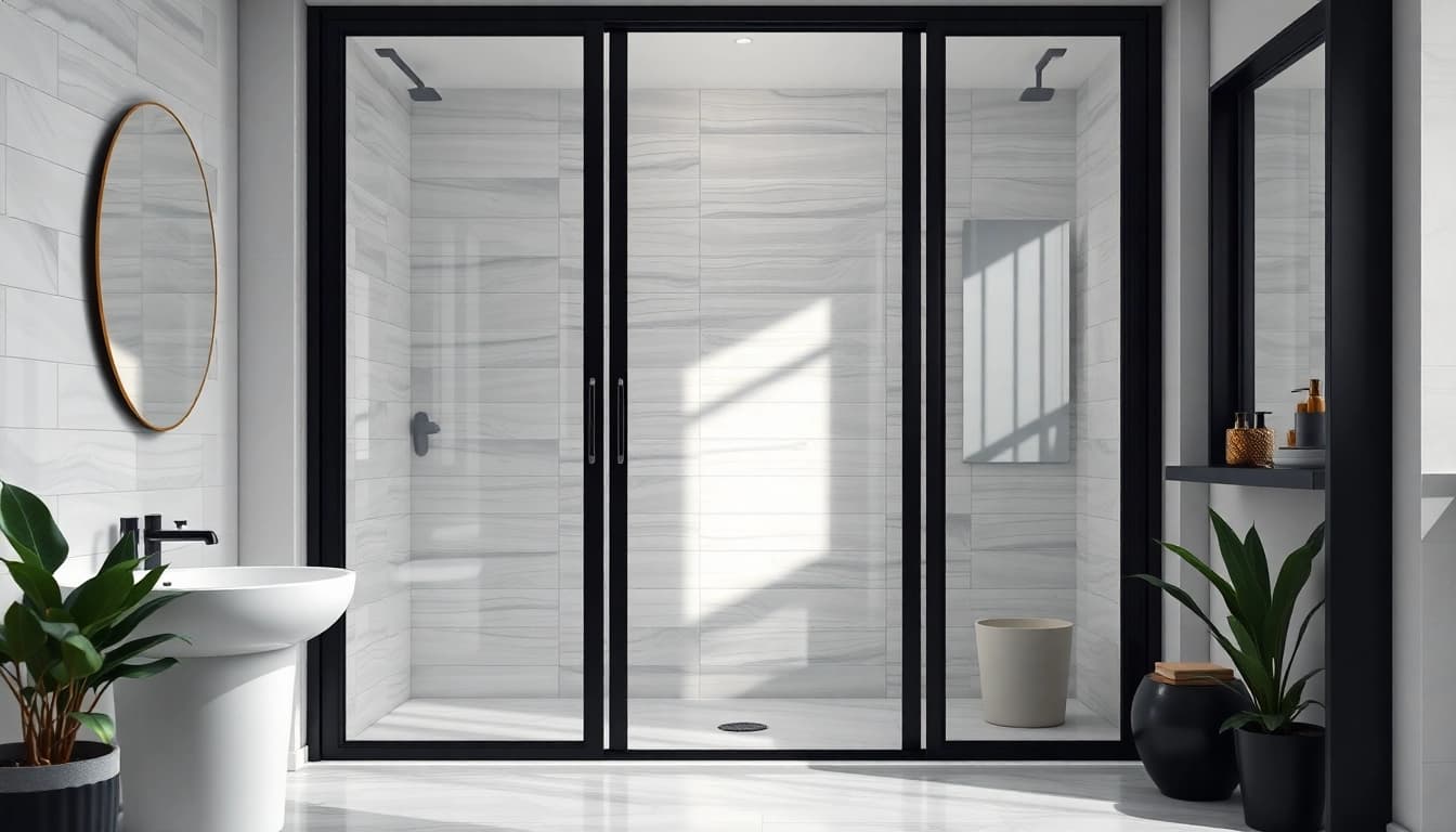 Admire the stylish black frame shower doors that enhance modern bathroom aesthetics.