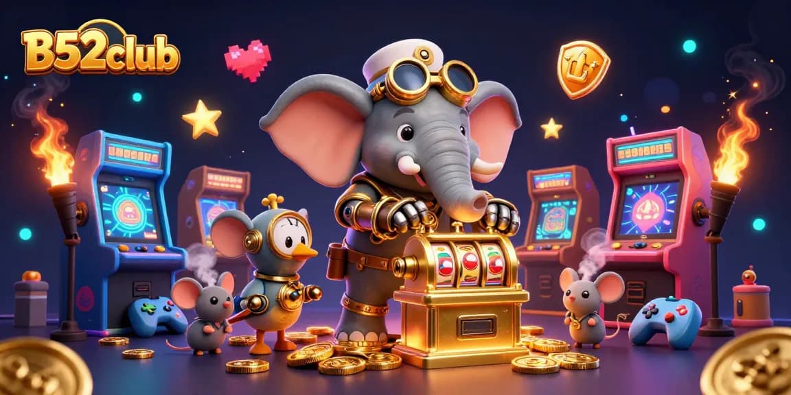 B52club offers thrilling gameplay with a steampunk elephant operating luxurious slot machines and dynamic arcade elements.