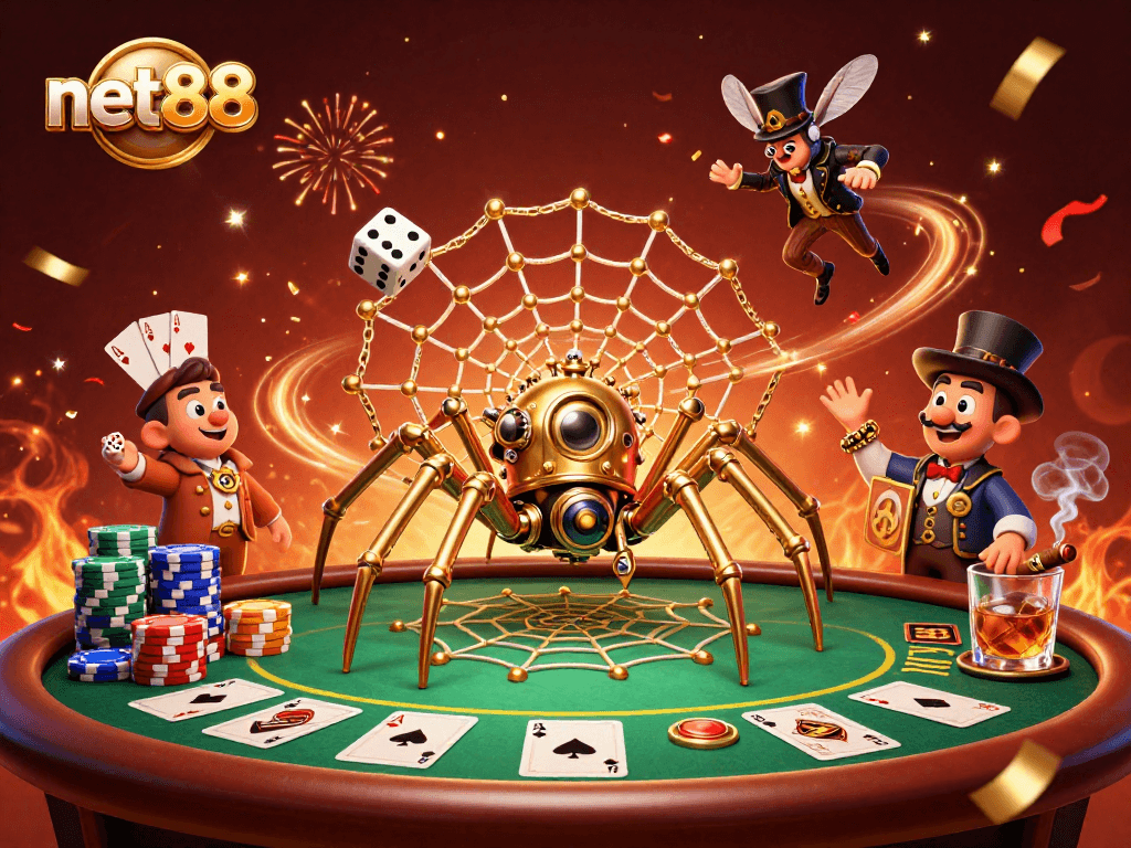 Engage with net88’s vibrant 3D casino scene showcasing a steampunk spider and fly gentleman amidst poker excitement.