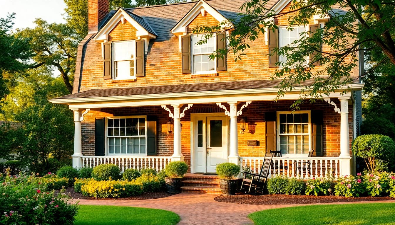 Colonial home renovation displaying classic features and lush gardens, inviting and serene atmosphere.